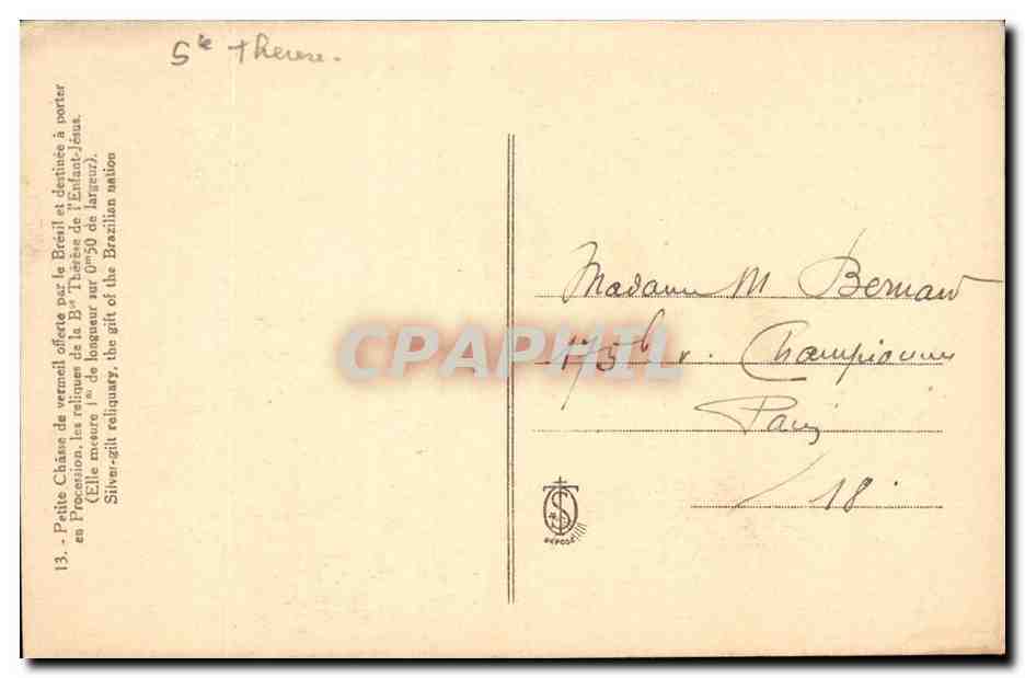 CPA Petite chasse de vermeil offerts par le Bresil et destinee a porter en Procession — Rückseite