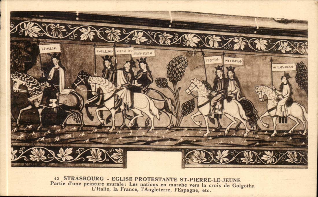 Strasbourg CPA Eglise protestante St Puerre le jeune Partie d'une peinture murale Les nations en marche vers Golgoth