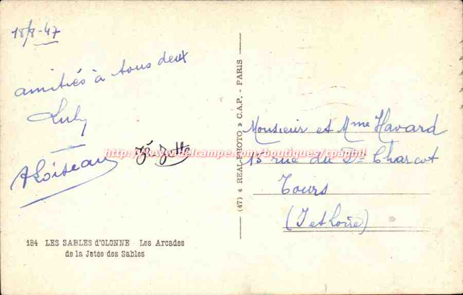 Les Sables-d'Olonne — Les Arcades de la Jetée des Sables — éditeur C.A.P. n°184 — Rückseite