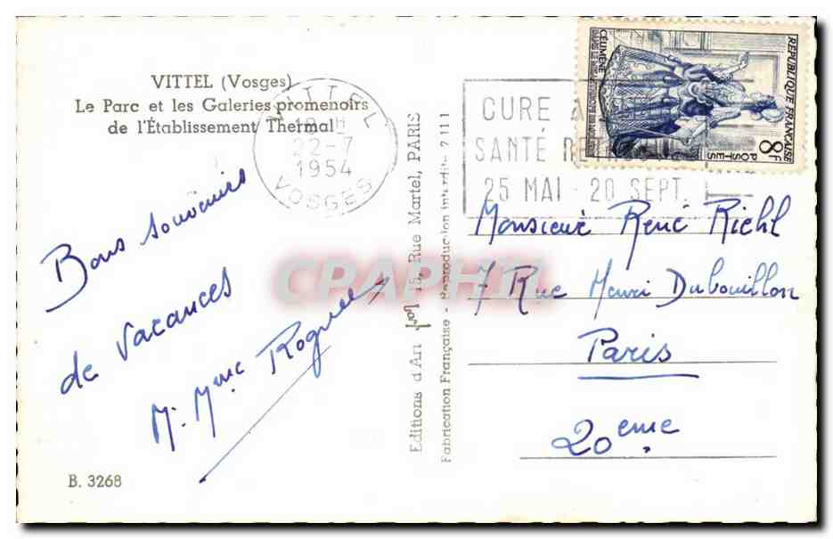 Vittel CPA Le parc et les galeries promenades de l'etablissement thermal — Rückseite
