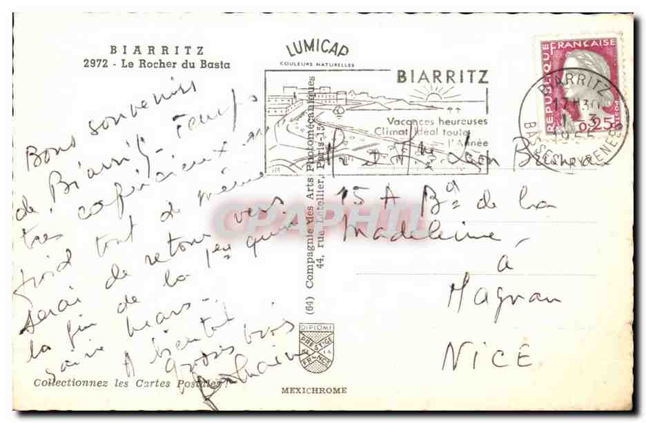 Biarritz - Le Rocher du Basta - CPA  — Verso