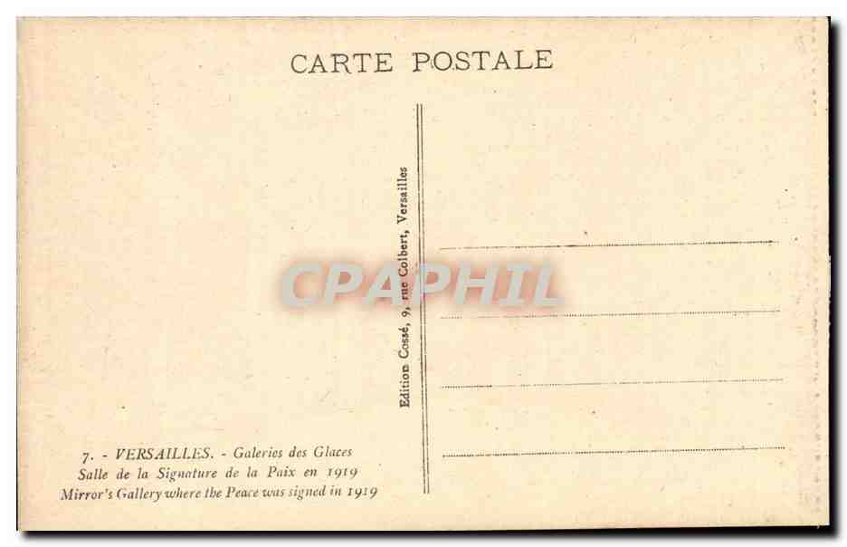 Versailles - Galerie des Glaces Salle de la Signature de la Paix en 1919 - CPA  — Verso