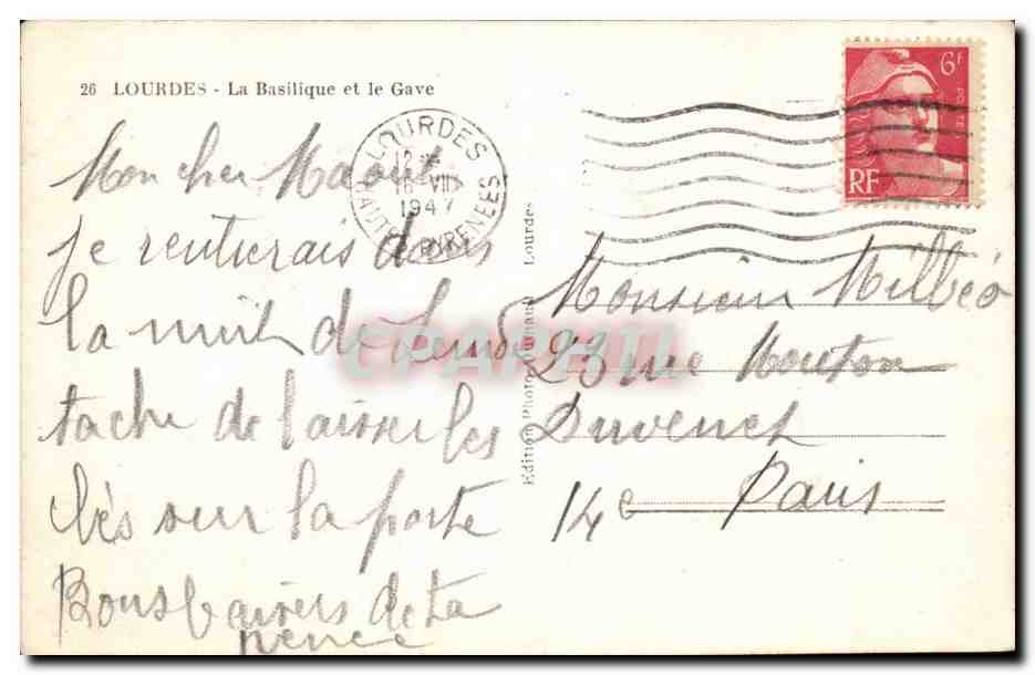 Lourdes - La Basilique et le Gare - CPA  — Verso