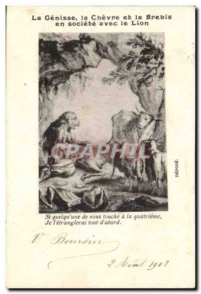 CPA La Genisse la chevre et la brebis en societe avec le lion 