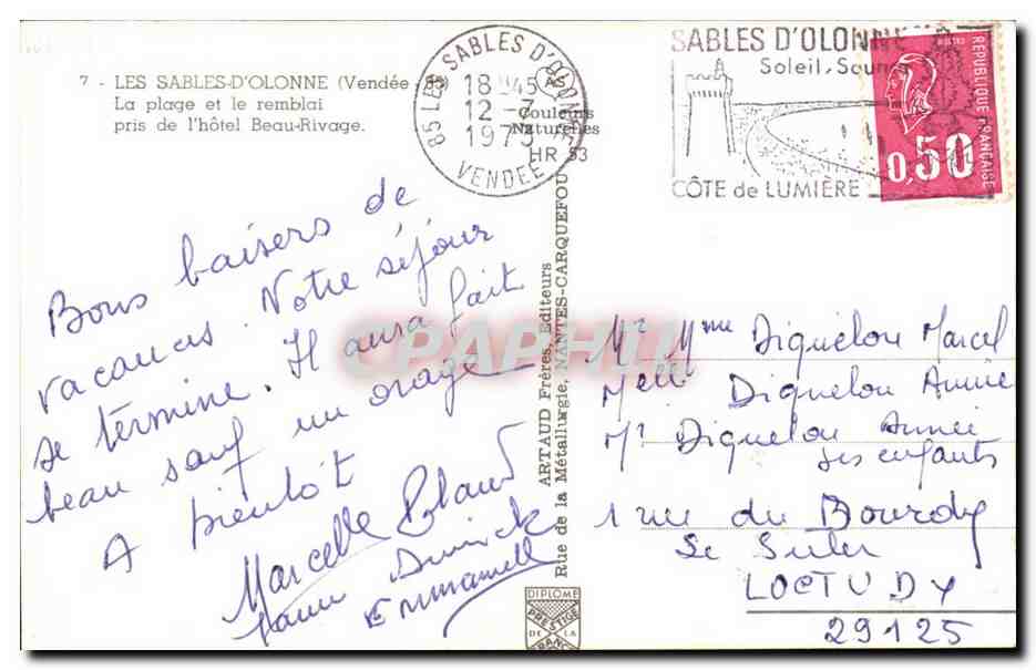 Les Sables-d'Olonne — La plage et le remblai pris de l'hôtel Beau-Rivage — ARNAUD Frères, Nantes-Carquefou — Rückseite