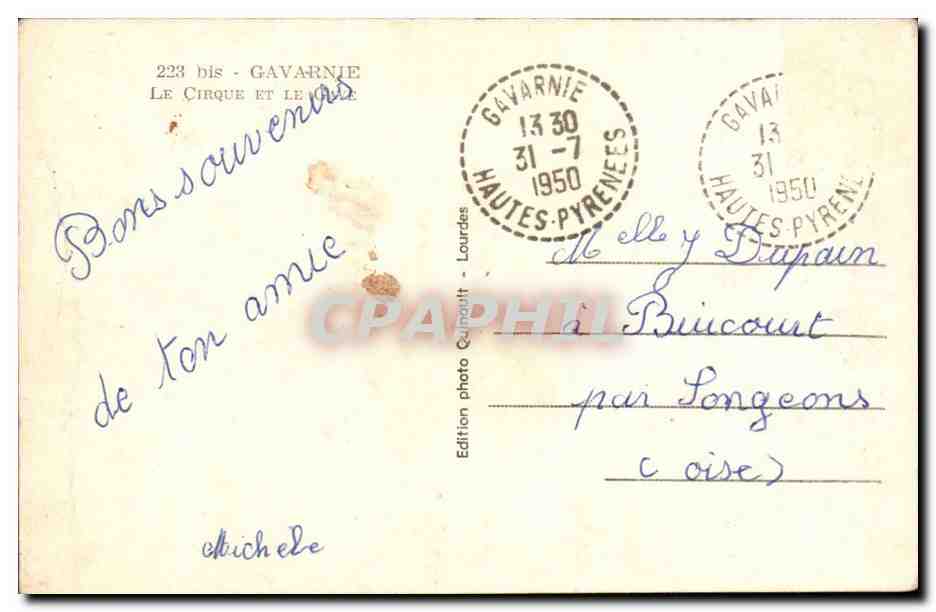 Le Cirque et le Gave - Gavarnie — Édition photo Quinault - Lourdes, n° 223 bis — Verso
