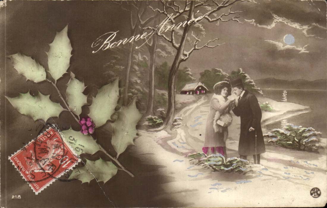 Fantaisie - Bonne Annee - Couple - branch of holly - CPA 