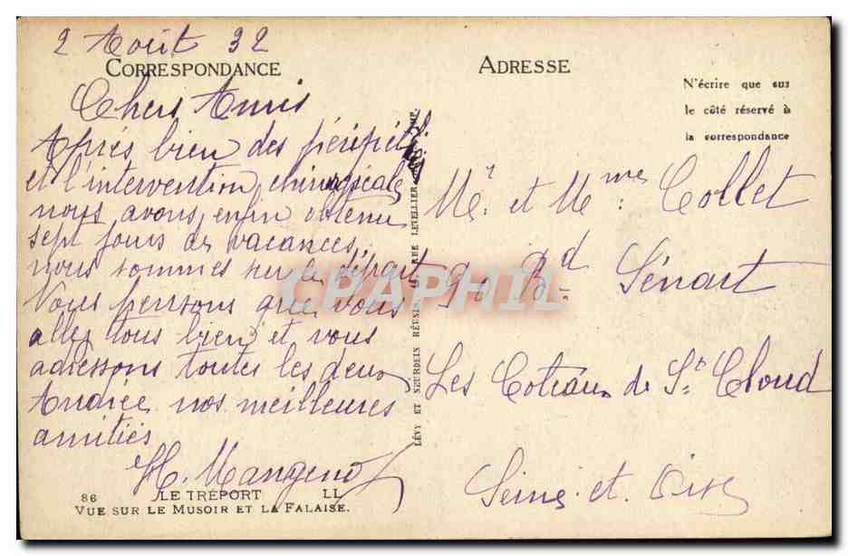 Le Treport CPA Vue sur le musoir et la falaise — Rückseite