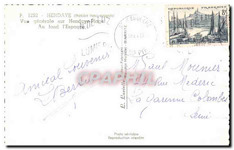 Hendaye — Vue générale sur Hendaye Plage, au fond l'Espagne — Lavielle — Verso