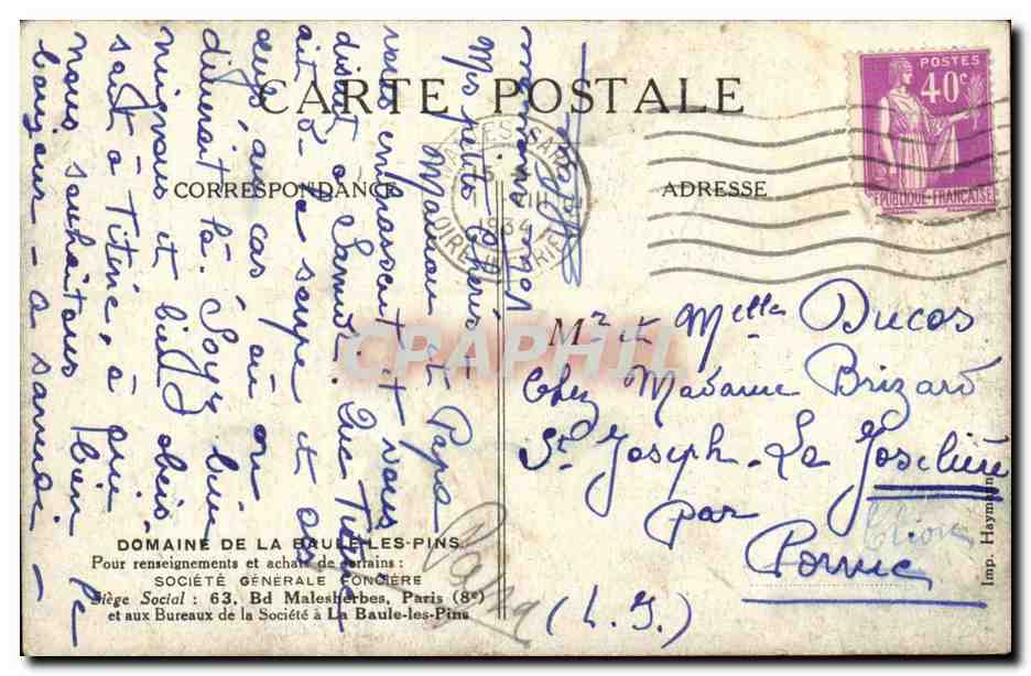 La Baule les Pins CPA place de palmiers et l'avenue des Tilleuls — Verso