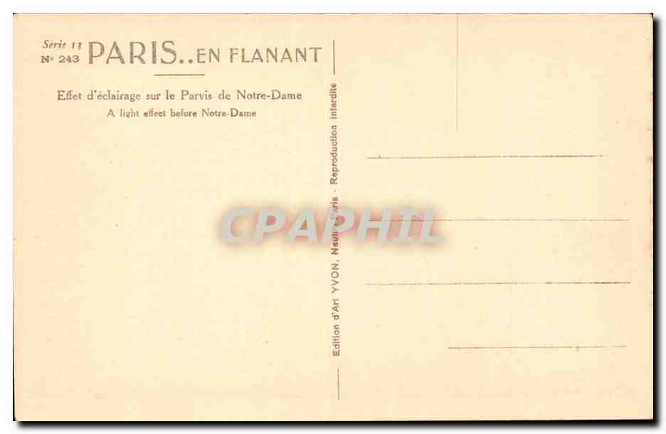Paris CPA Effet d'eclairage sur le parvis de Notre Dame — Verso