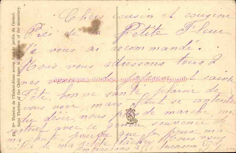 CPA Sainte therese de l'enfant Jesus Lisieux Sainte enfance — Rückseite