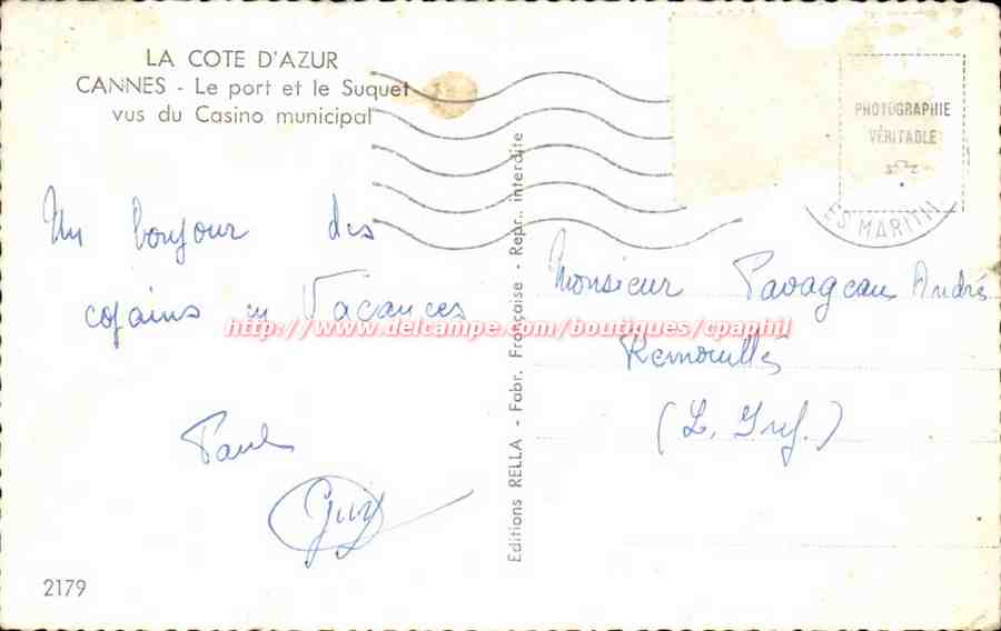 Cannes CPA Le port et le Suquet vus du casino municipal — Verso