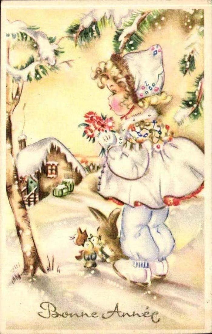 Enfant en hiver — avec bouquet et animaux — éditeur spécial