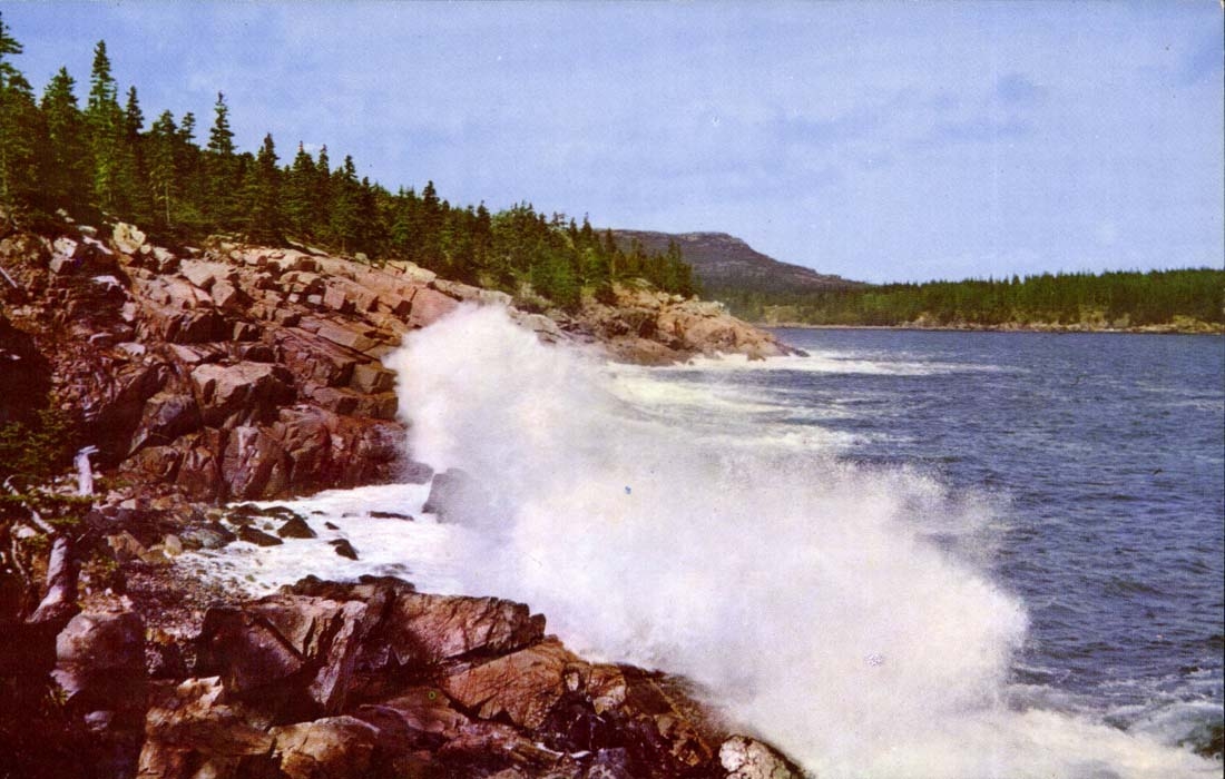 Surf along Ocean Drive, Bar Harbor — Acadia National Park, Maine — Published by Bromley Color Company, Boston, Mass.