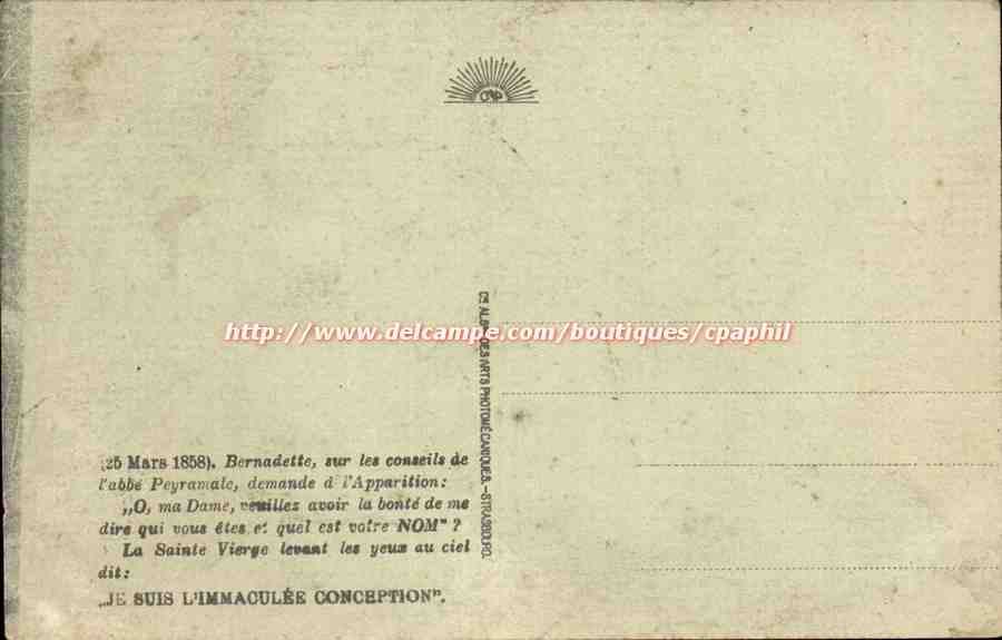 Apparition de la Vierge à Bernadette — Lourdes — éditeur CPD — Verso