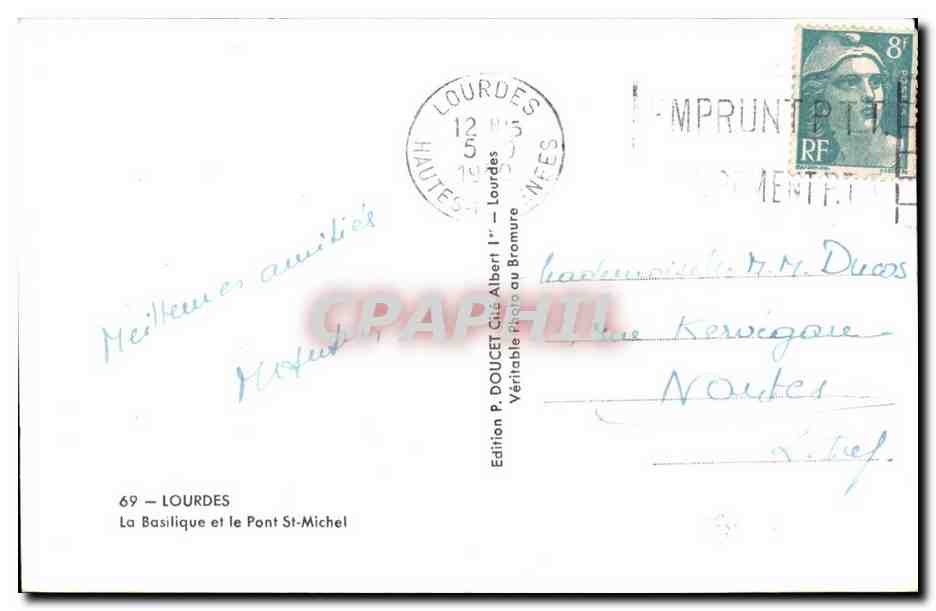 Lourdes — La Basilique et le Pont St-Michel — Edition P. DOUCET — Verso