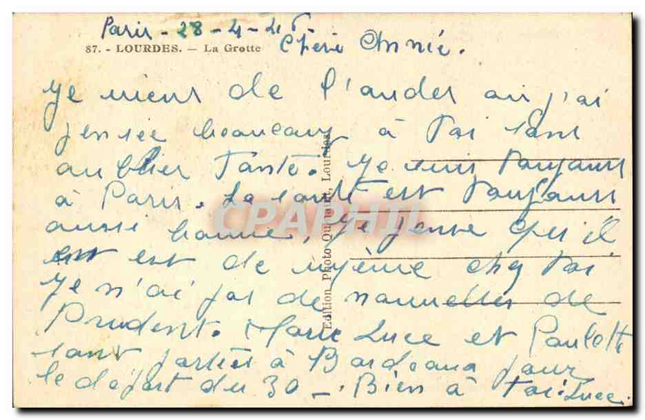 CPA lourdes Bernadatte Soubirous — Verso