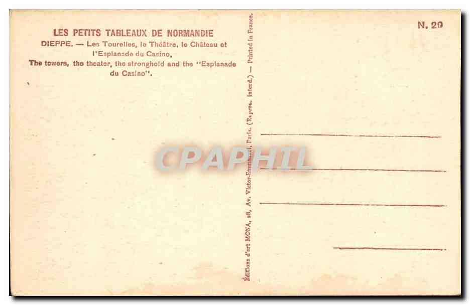 Dieppe - Les Petits tableaux de Normandie - Les Tourelles le Theatre le Chateau et L'Esplanade - CPA  — Verso