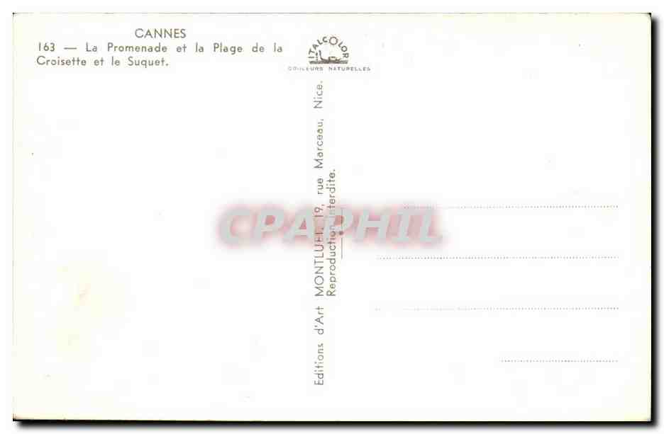 CPA Cannes La promenade et la plage de la Croisette et le Suquet — Verso