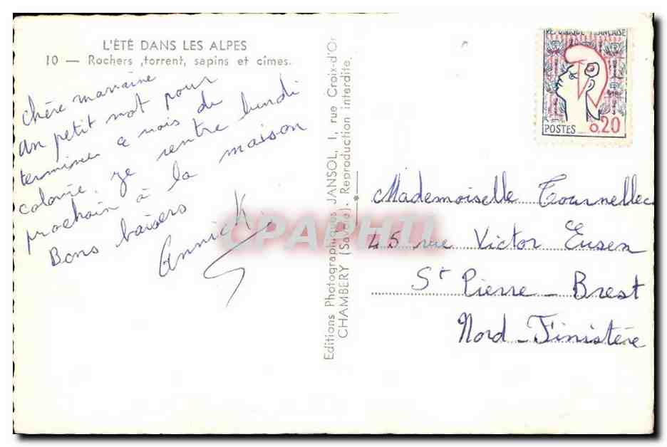 L'ÉTÉ DANS LES ALPES — 10 — Rochers, torrent, sapins et cimes — Éditions Photographiques JANSOL (Savoie) — Verso