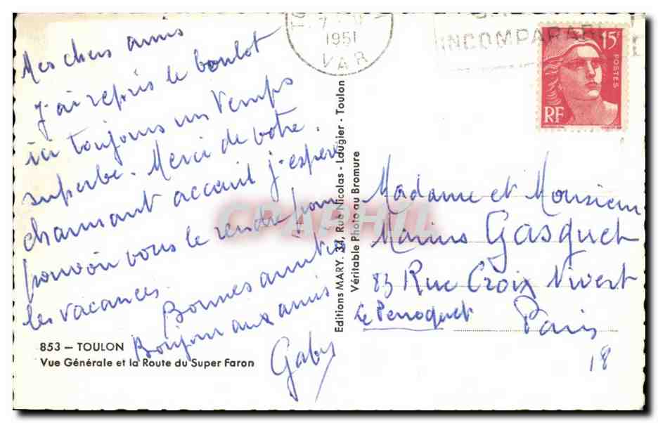 Toulon - Vue Generale et la Route et du Super Faron CPA  — Verso