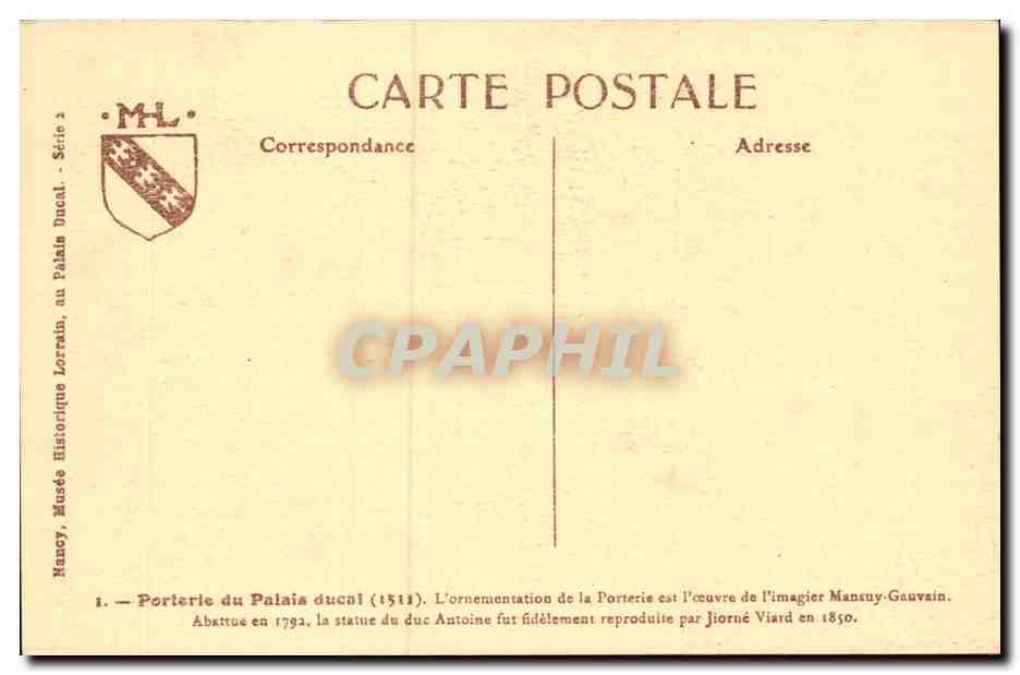 Nancy - Musee Historique Lorraine - Porterie du Plalais ducal CPA  — Verso
