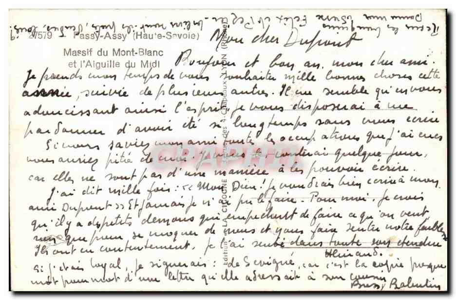 Massif du Mont-Blanc et l'Aiguille du Midi — Passy-Assy (Haute-Savoie) — éditeur : J. Chabaud, n° 24579 — Reverso