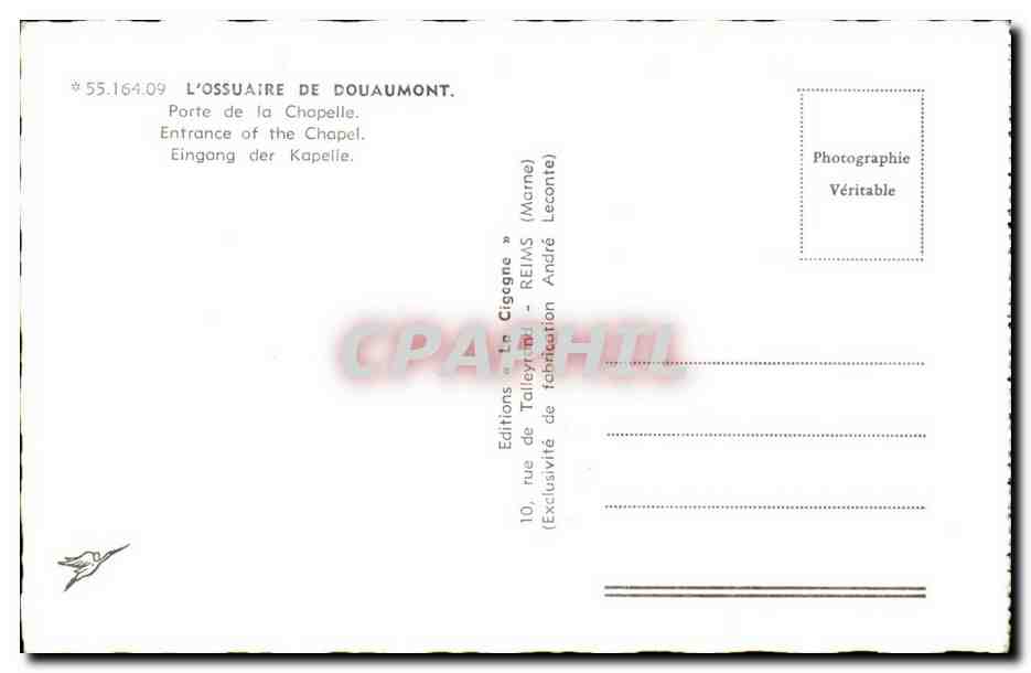 Entrée de la chapelle de l'Ossuaire de Douaumont — Chapelle offerte par les catholiques de France, Belgique, Canada, Suisse, États-Unis — Éditions La Cicogne, Reims — Verso