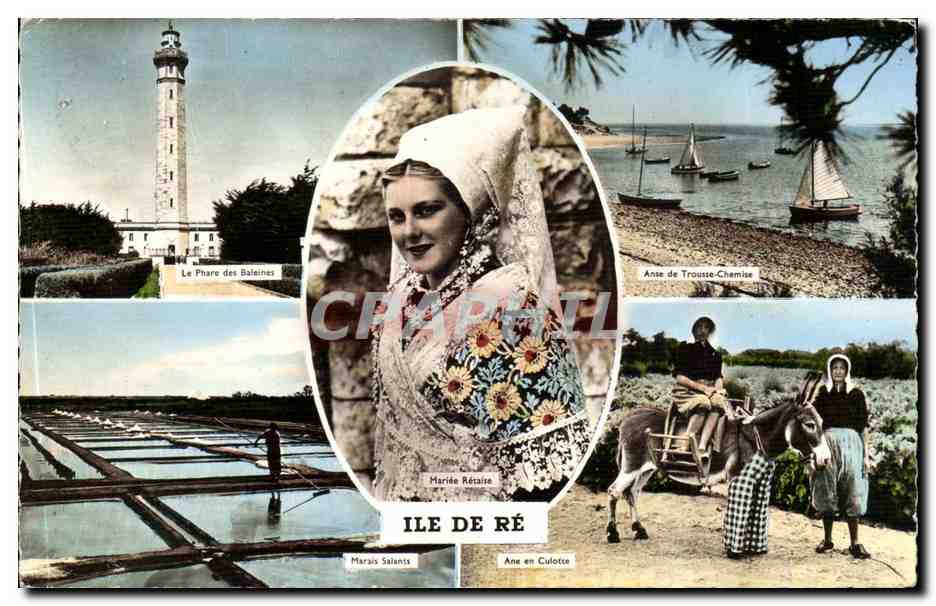 Ile de Ré — Vue panoramique avec phare, maraîchère, femme en costume et âne — Éditions ARTAUD et GABY - Recto