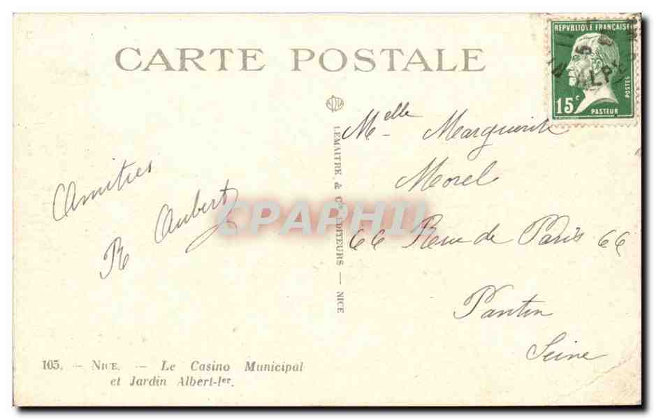 Nice CPA Le casino municipal et jardin Albert 1er — Rückseite