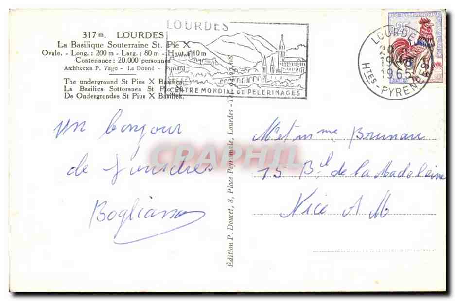 Lourdes CPA La basilique Souterraine Pie X — Verso