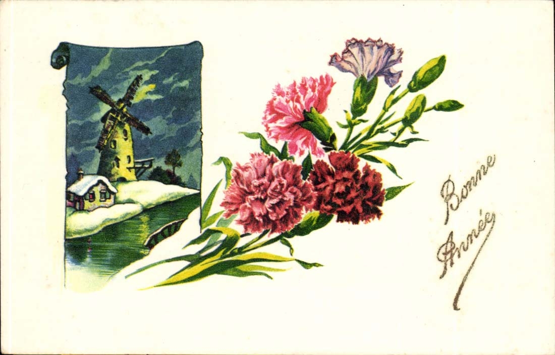 CPA Fantaisie Bonne annee Fleurs (moulin mill)