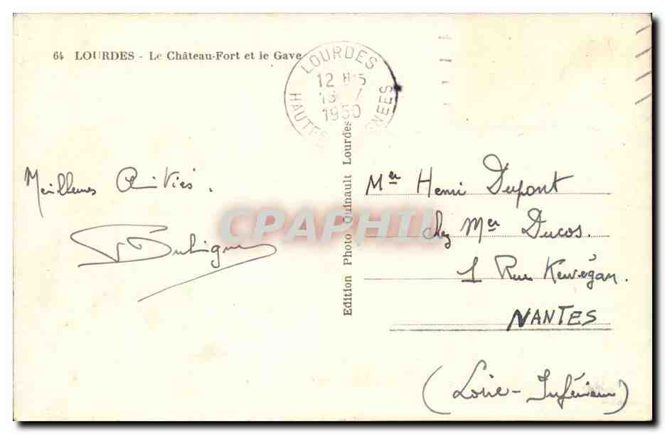 Lourdes CPA Le chateau fort et le Gave — Verso