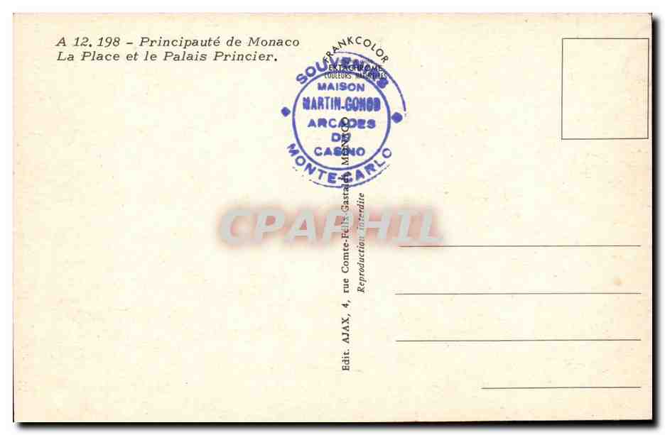 CPA Principaute de Monaco La place et le palais princier — Rückseite