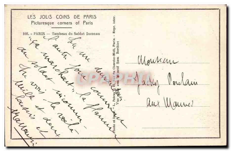Paris CPA Tombe du soldat inconnu — Verso