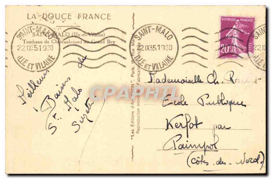 Tumba de Chateaubriand en el Grand-Bey — Saint-Malo (Ille-et-Vilaine) — Ediciones de Arte 'Yvon' — Reverso