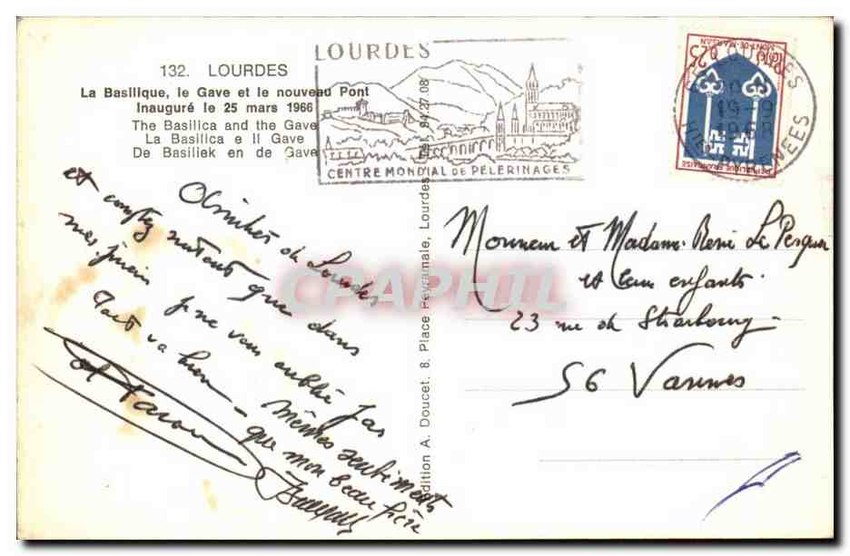 Lourdes CPA La basilique le Gave et le nouveau pont inaugure le 25 mars 1966 — Verso