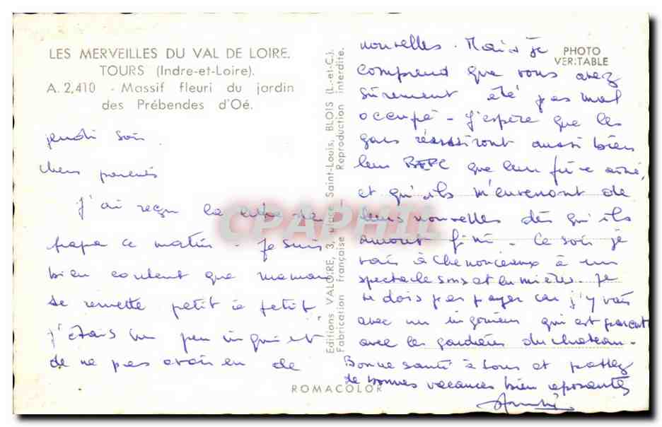 Tours CPA Massif fleuri du jardin des Prebendes d'Oe — Verso