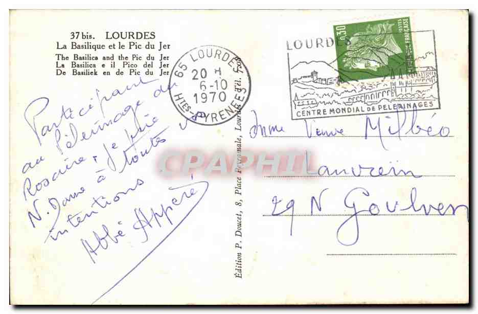 Lourdes CPA La basilique et le pic de Jer — Verso