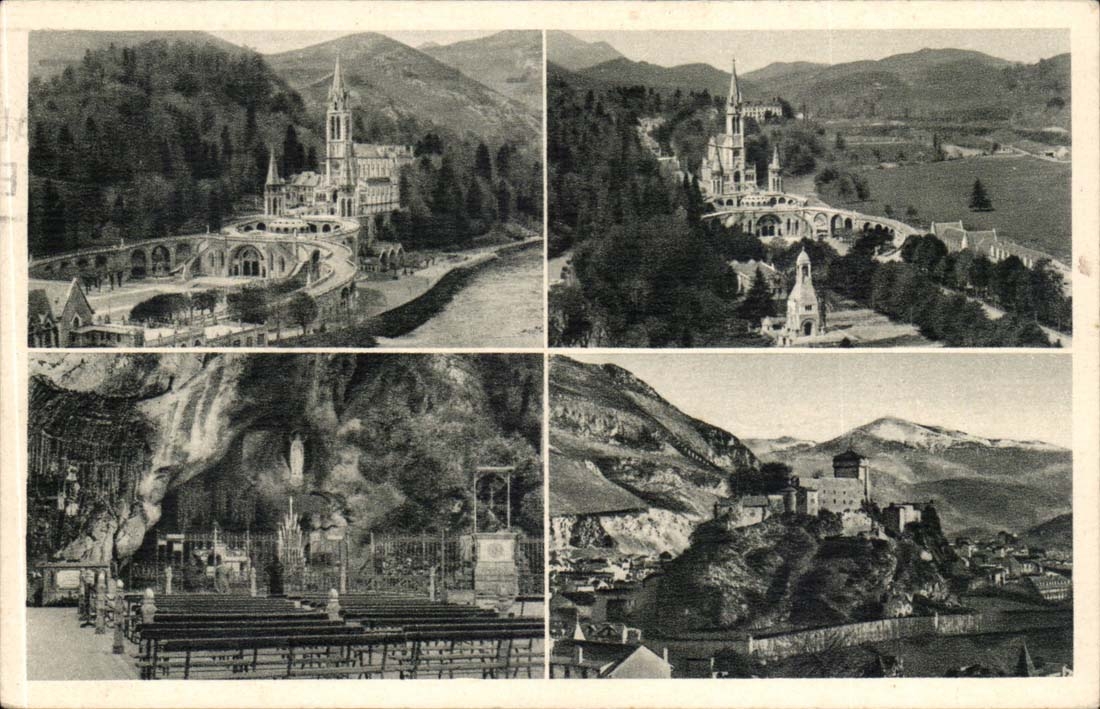 Lourdes CPA La grotte et le chateau fort La basilique
