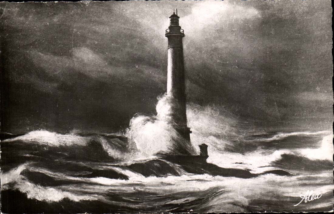 Phare par tempête — Environ de Cherbourg — Alex. Becquemin, Ed. Cherbourg
