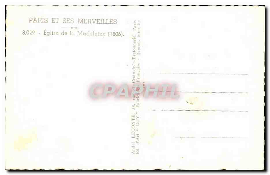 Paris CPA Eglise de la Madeleine — Verso
