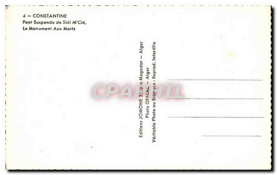 Algerie Constantine CPM Pont suspendu de Sidi M Cid Le monument aux morts — Back