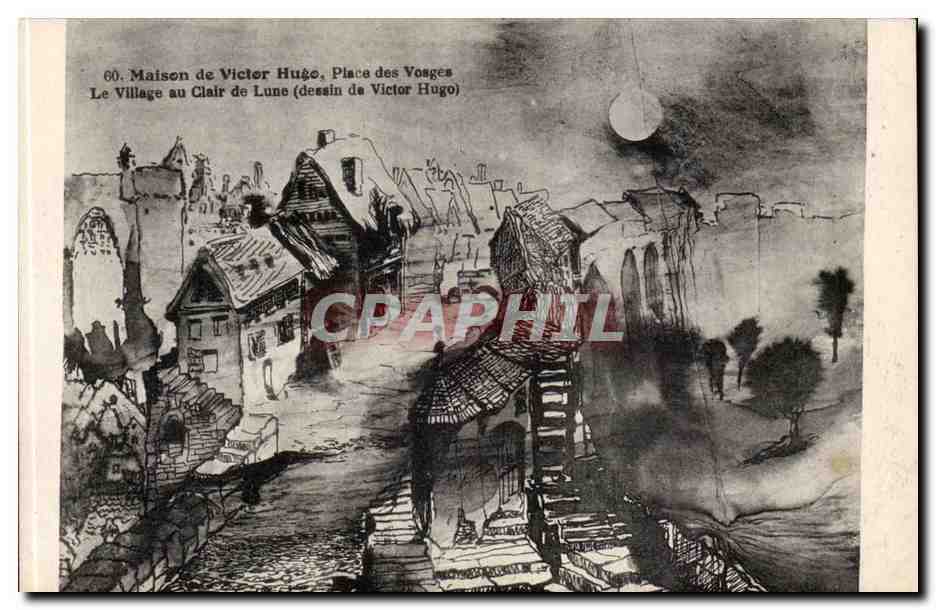 CPA Maison de Victor Hugo Place des Vosges Le village au clair de lune (dessin de Hugo)