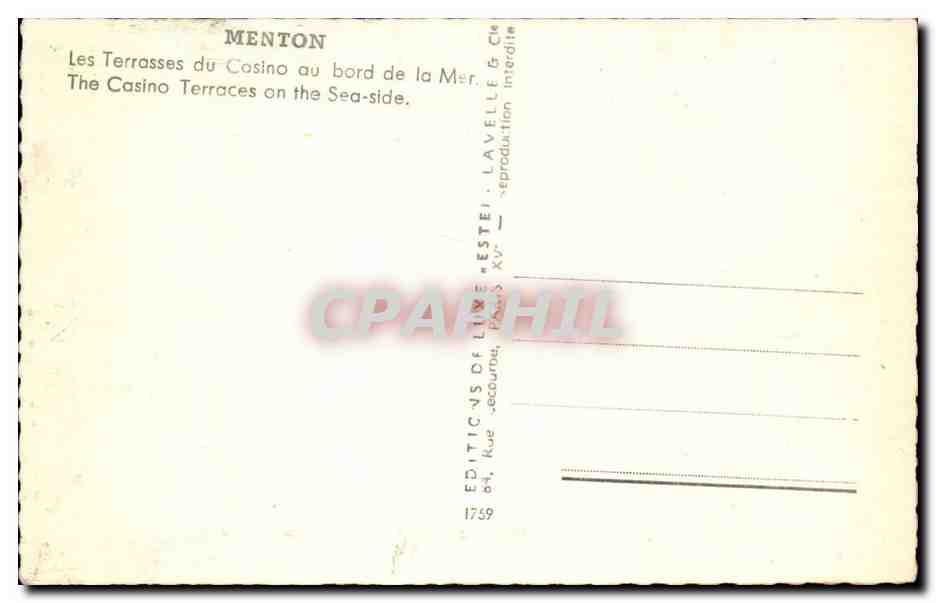 Menton CPA Les terrasses du casino au bord de la mer  — Rückseite
