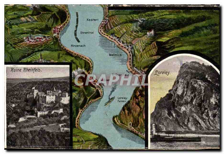 Vue du Rhin et du Loreley — Ruine Rheinfels et Loreley Felsen — éditeur non identifié
