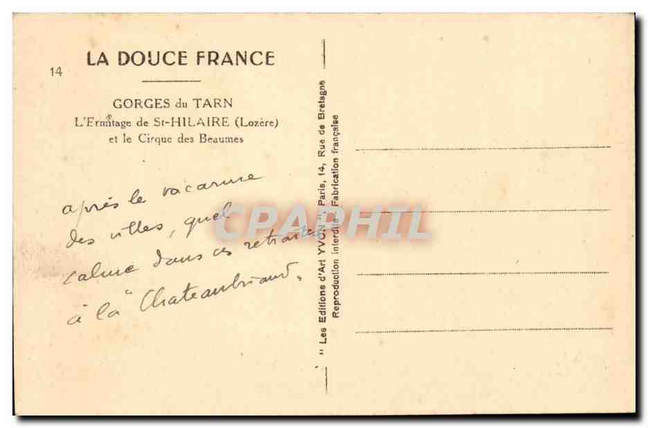 Gorges du Tarn — L'Ermitage de St-Hilaire et le Cirque des Beaumes — Éditeur Yvon, n°14 — Reverso