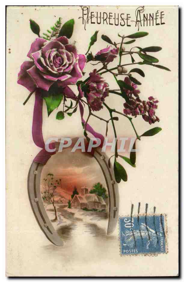 CPA Fantaisie Heureuse Annee Fer a cheval Rose