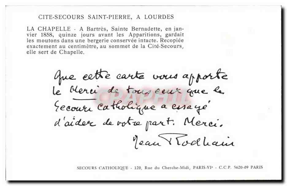 Lourdes CPM La chapelle A Bartres Sainte Bernadette Secours CAtholique — Verso
